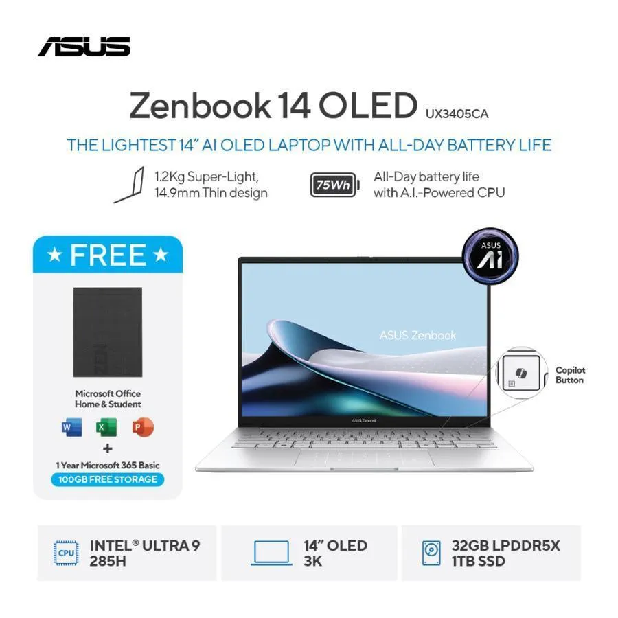 [FREE MOUSE] ASUS Zenbook 14 OLED UX3405CA [Intel Core Ultra 9 Processor 285H / Intel Arc Graphics / 32GB / 1TB / 14inch / WIN11 / OPI / M365]