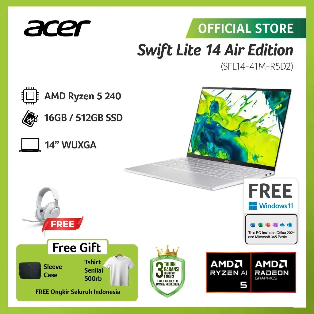 (FREE EXCLUSIVE TSHIRT & HEADPHONE) ACER LAPTOP SWIFT LITE 14 AIR EDITION SFL14-41M-R5D2 AMD RYZEN 5 240 AMD RADEON GRAPHICS RAM 16GB STORAGE 512GB SSD 14 INCH WUXGA WINDOWS 11
