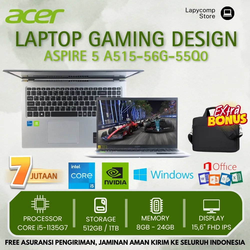 Laptop Gaming ACER ASPIRE 5 A515 56G-55Q0/16GB/512GB/15.6"FHD IPS/NVIDIA MX450 2GB