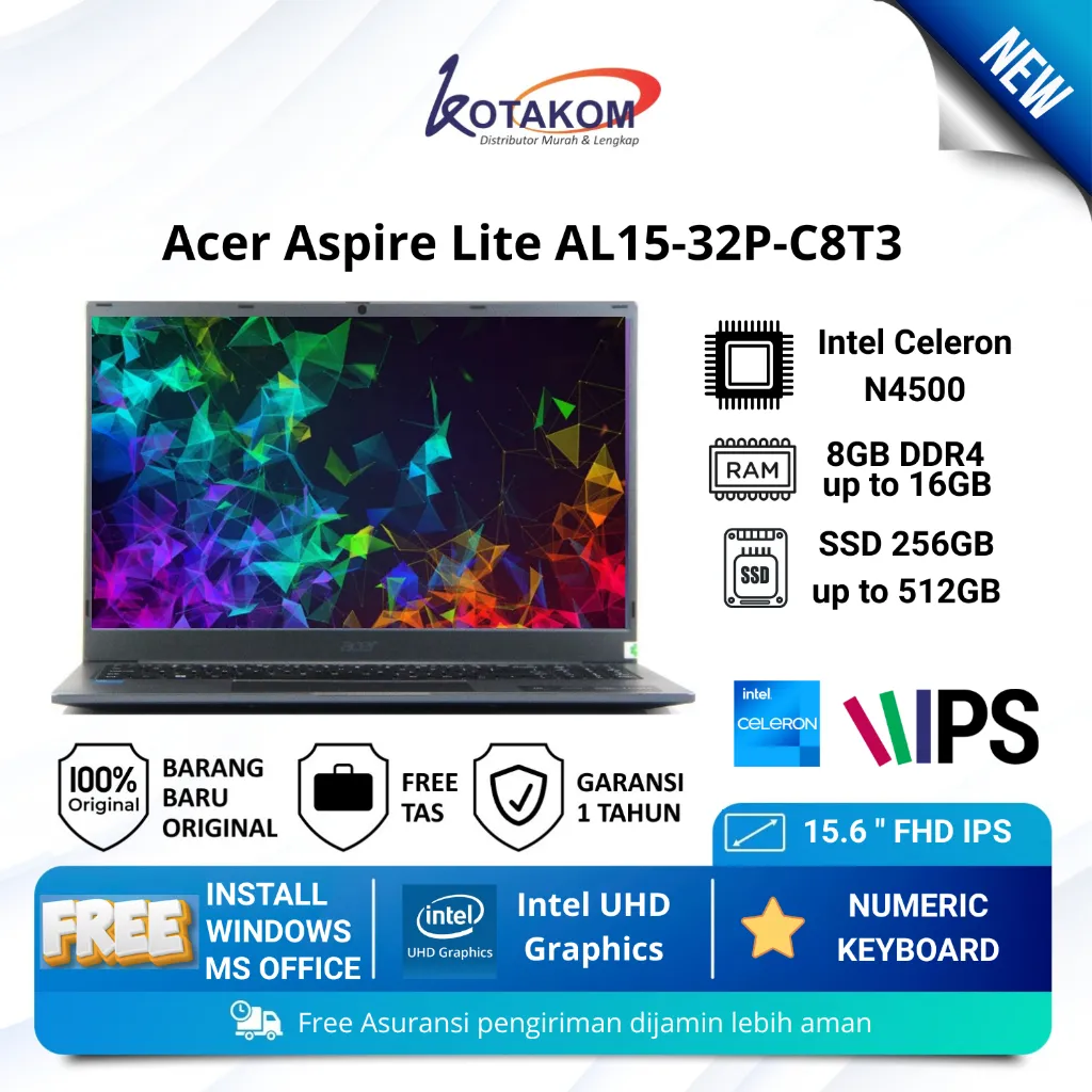 Laptop Acer Aspire Lite AL15-32P-C8T3 Intel Celeron N4500 Ram 8Gb Ssd 512Gb Nvme 15.6" Full Hd Ips - Iron Grey