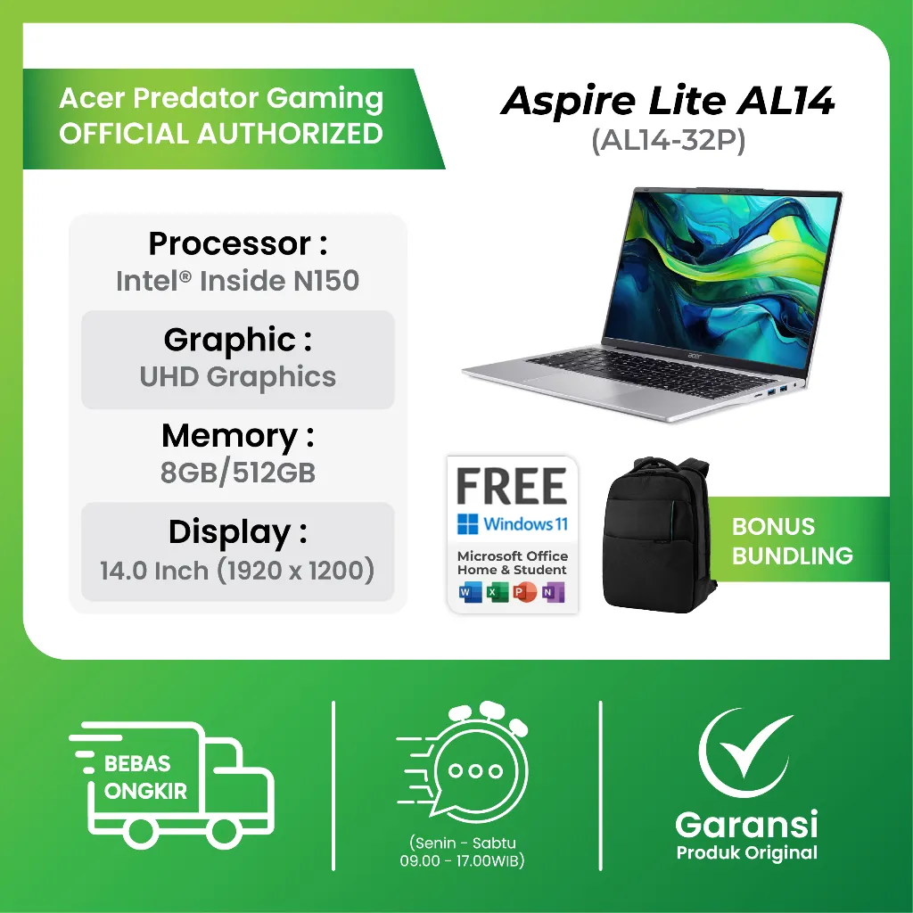 Acer Laptop Aspire Lite 14 AL14 14" Inch Intel N150 RAM 8GB Storage 256GB SSD Intel Graphics Windows 11 + Office