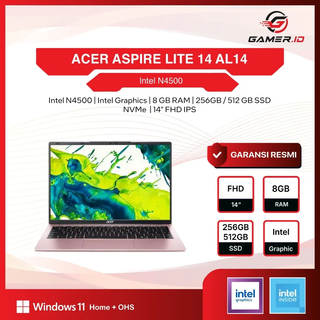 ACER ASPIRE LITE 14 AL14 N4500 8GB 256GB / 512GB W11+OHS+M365B 14.0FHD IPS SLV -36P.C27D