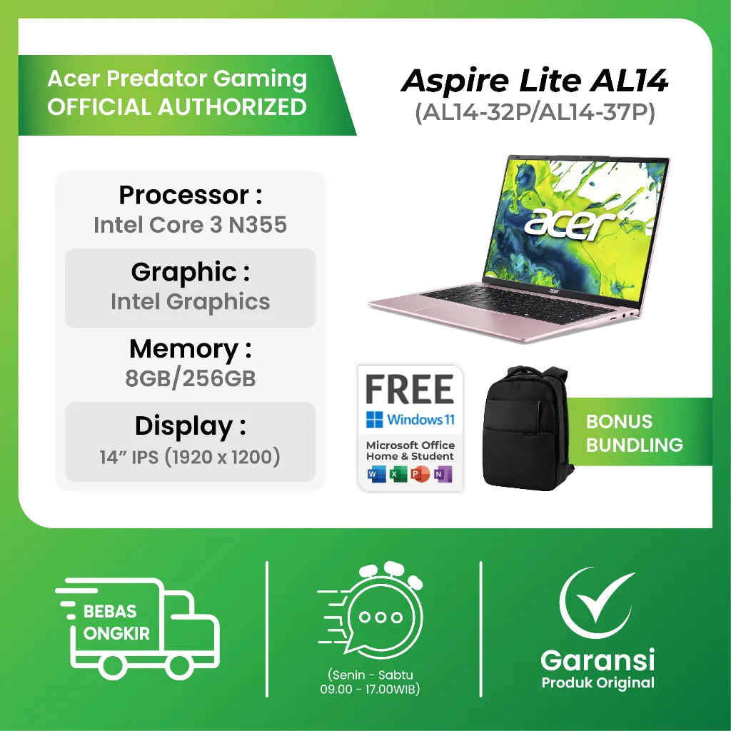 [Pink Edition] Acer Aspire Lite AL14 Intel Core I3 N355 8GB 256GB Windows 11+Office 14.0 Inch IPS