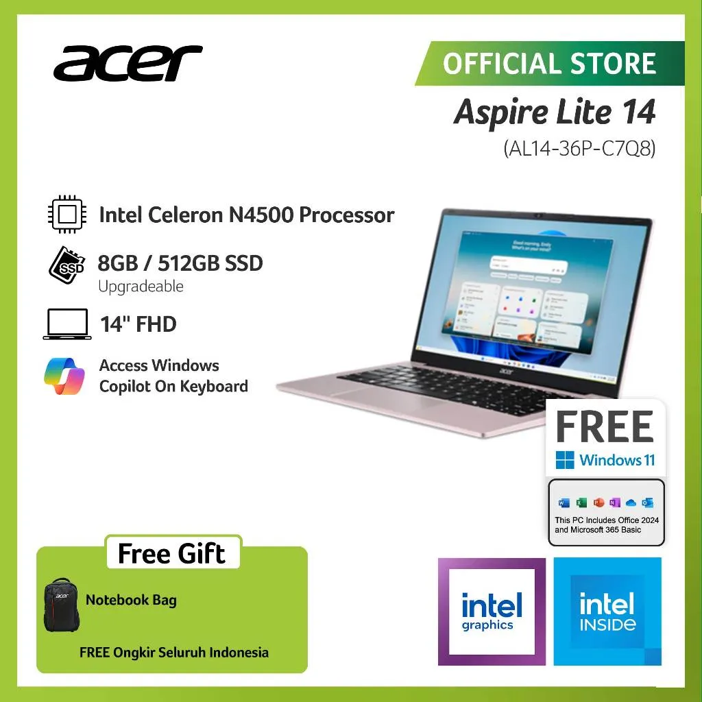 ACER LAPTOP ASPIRE LITE 14 AL14-36P-C7Q8/AL14-36P-C9YY/AL14-36P-C7VD/AL14-36P-C27D/AL14-36P-C22J/AL14-36P-C7GE 14" FHD INTEL CELERON N4500 RAM 8GB STORAGE 256GB/512GB SSD INTEL UHD GRAPHICS WINDOWS 11