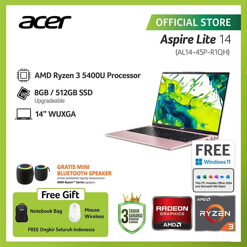 (FREE MOUSE & SPEAKER) ACER LAPTOP ASPIRE LITE 14 AL14-45P-R1QH/AL14-45P-R8JN 14" WUXGA AMD RYZEN 3 5400U RAM 8GB STORAGE 512GB SSD AMD RADEON GRAPHICS WINDOWS 11