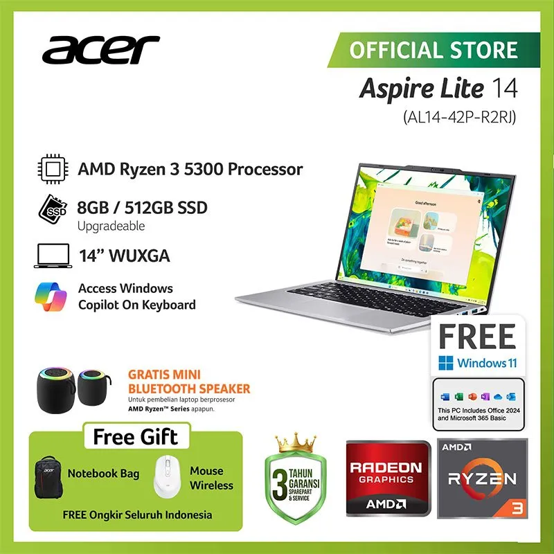 (FREE MOUSE WIRELESS) ACER LAPTOP ASPIRE LITE 14 AL14-42P-R2RJ/AL14-42P-R1D5 14" WUXGA AMD RYZEN 3 5300U RAM 8GB STORAGE 512GB SSD AMD RADEON GRAPHICS WINDOWS 11