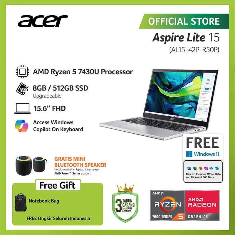 (FREE SPEAKER) ACER LAPTOP ASPIRE LITE 15 AL15-42P-R50P 15.6" FHD AMD RYZEN 5 7430U RAM 8GB STORAGE 512GB SSD AMD RADEON GRAPHICS WINDOWS 11