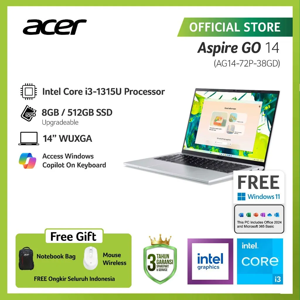 (FREE WIRELESS MOUSE) ACER LAPTOP ASPIRE GO 14 AG14-72P-38GD 14" WUXGA INTEL CORE I3-1315U RAM 8GB STORAGE 512GB SSD INTEL UHD GRAPHICS WINDOWS 11