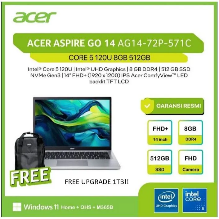 ACER ASPIRE GO 14 AG14 CORE 5 120U 8GB 512GB W11+OHS+M365B 14.0WUXGA IPS SLV -72P.571C