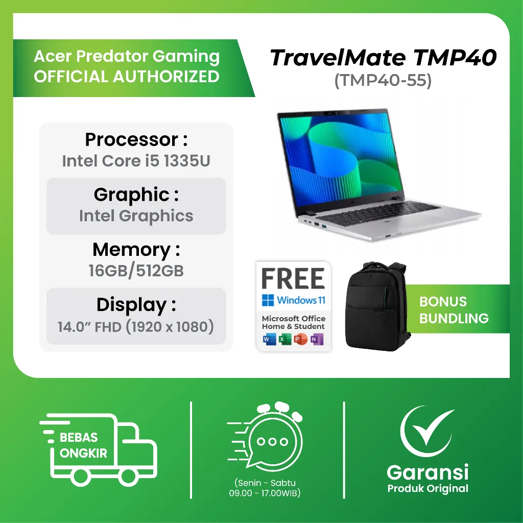 Laptop Acer TravelMate TMP40-55 Intel Core I5 1335 16GB 512GB Windows 11+Office 14.0WUXGA Fingerprint IPS