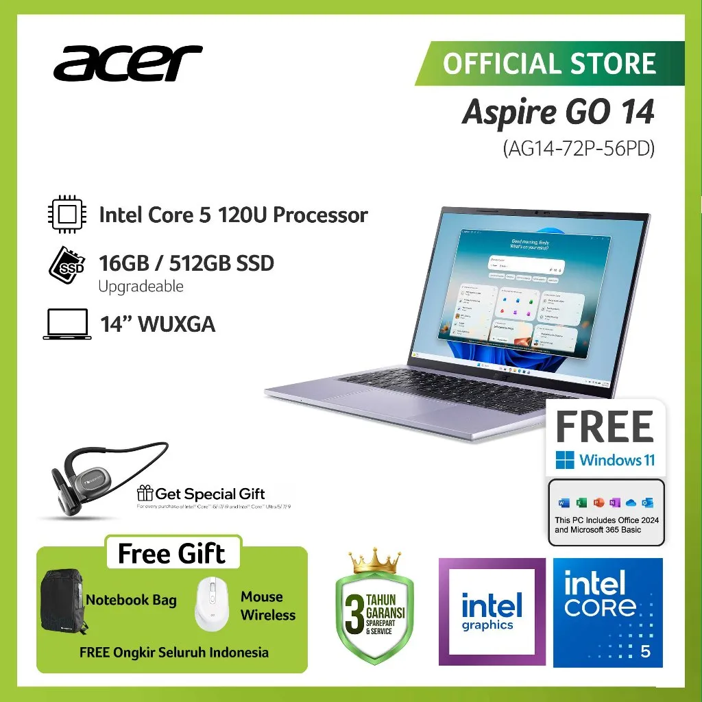 (FREE WIRELESS MOUSE) ACER LAPTOP ASPIRE GO 14 AG14-72P-58AK/AG14-72P-56PD 14" WUXGA INTEL CORE 5 120U RAM 8GB/16GB STORAGE 512GB SSD INTEL GRAPHICS WINDOWS 11