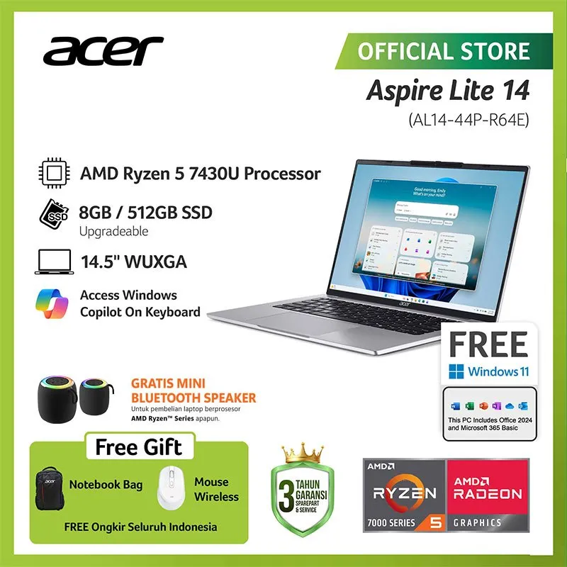 (FREE MOUSE & SPEAKER) ACER LAPTOP ASPIRE LITE 14 AL14-44P-R64E/AL14-44P-R1XH 14.5" WUXGA AMD RYZEN 5 7430U/ AMD RYZEN 7 7730U RAM 8GB STORAGE 512GB SSD AMD RADEON GRAPHICS WINDOWS 11