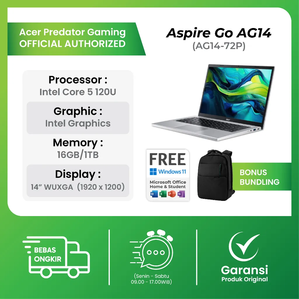 Acer Laptop Aspire Go 14 AG14-72P-51TB Core 5 120U 16GB 1TB WIndows 11 + Office 14.0 Inch WUXGA IPS
