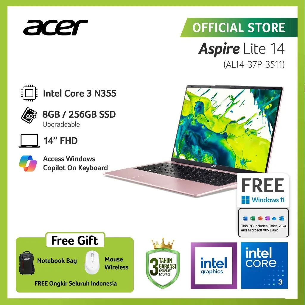 (FREE WIRELESS MOUSE) ACER LAPTOP ASPIRE LITE 14 AL14-37P-38AK/AL14-37P-38NN/AL14-37P-3511 14" FHD INTEL CORE 3 N355 RAM 8GB STORAGE 256GB SSD INTEL GRAPHICS WINDOWS 11