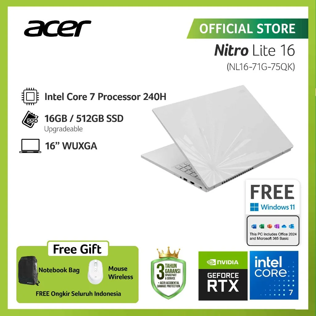(FREE WIRELESS MOUSE) ACER LAPTOP GAMING NITRO LITE NL16-71G-75QK GRAPHICS NVIDIA GEFORCE RTX 3050 16" WUXGA INTEL CORE 7 240H RAM 16GB STORAGE 512 GB SSD WINDOWS 11