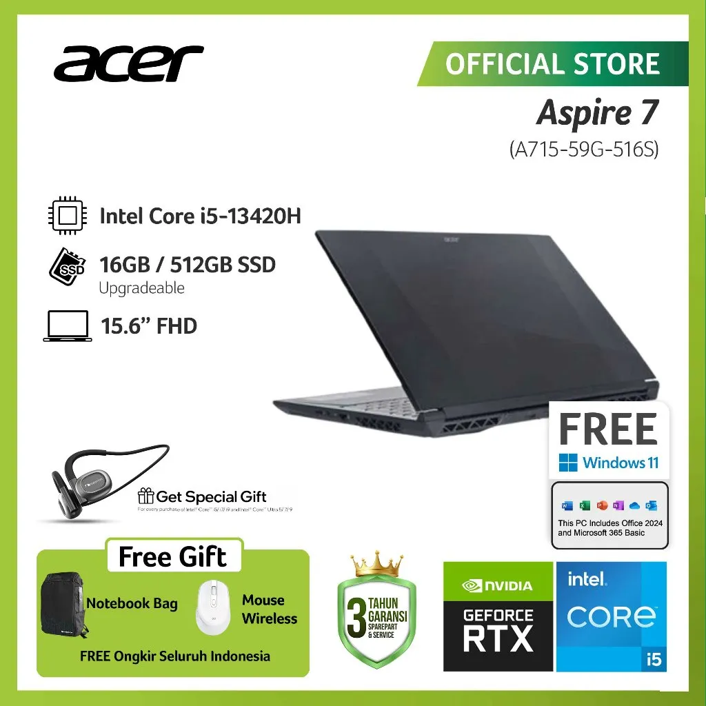 (FREE WIRELESS MOUSE & TWS) ACER LAPTOP GAMING ASPIRE 7 PRODUCTIVITY A715-59G-57YQ/A715-59G-516G/A715-59G-516S NVIDIA GEFORCE RTX 3050 15.6" FHD INTEL CORE I5-13420H RAM 8GB STORAGE 512GB SSD WINDOWS 11
