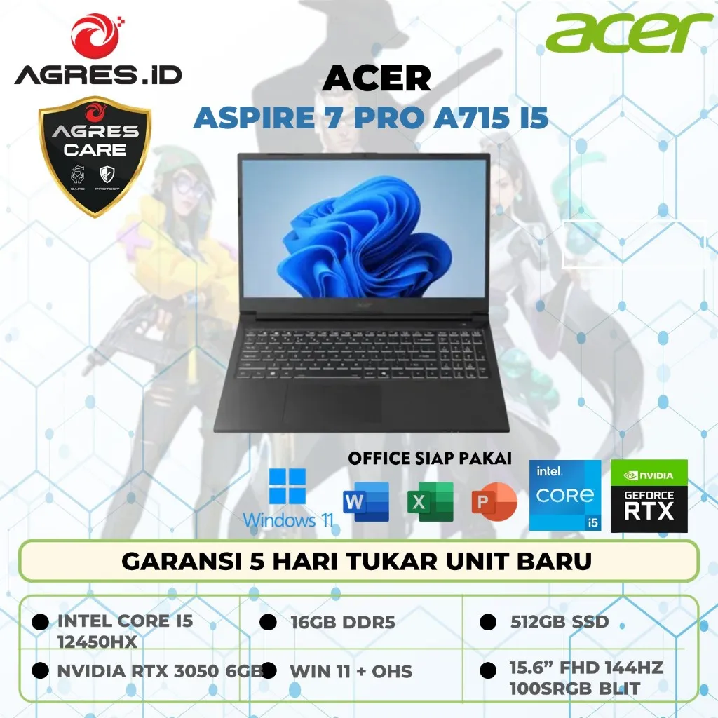 Laptop Gaming Acer Aspire 7 Pro A715 I5 13420H RTX3050 6GB/ 16GB 512GB W11+OHS