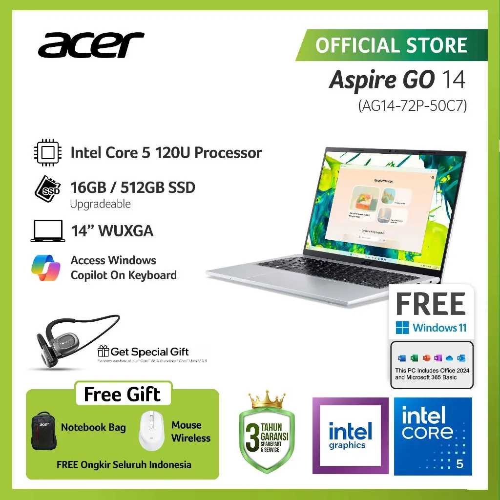 (BEST SELLER FREE WIRELESS MOUSE & TWS) ACER LAPTOP ASPIRE GO 14 AG14-72P-50C7/AG14-72P-52Z2 14" WUXGA INTEL CORE 5 120U RAM 16GB STORAGE 512GB SSD INTEL GRAPHICS WINDOWS 11
