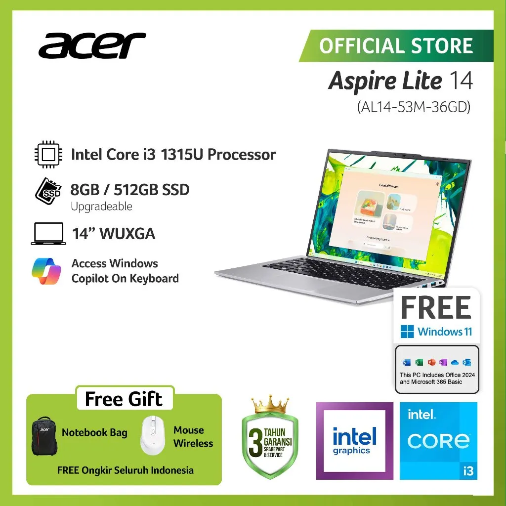 (FREE WIRELESS MOUSE) ACER LAPTOP ASPIRE LITE 14 AL14-53M-36GD 14" WUXGA INTEL CORE I3-1315U RAM 8GB STORAGE 512GB SSD INTEL UHD GRAPHICS WINDOWS 11