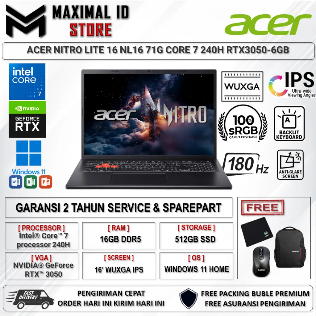Laptop Acer Nitro Lite 16 NL1671G Core 7 240H 16GB DDR5 512GB RTX3050-6GB 16.0 Wuxga180Hz 100sRGB BL