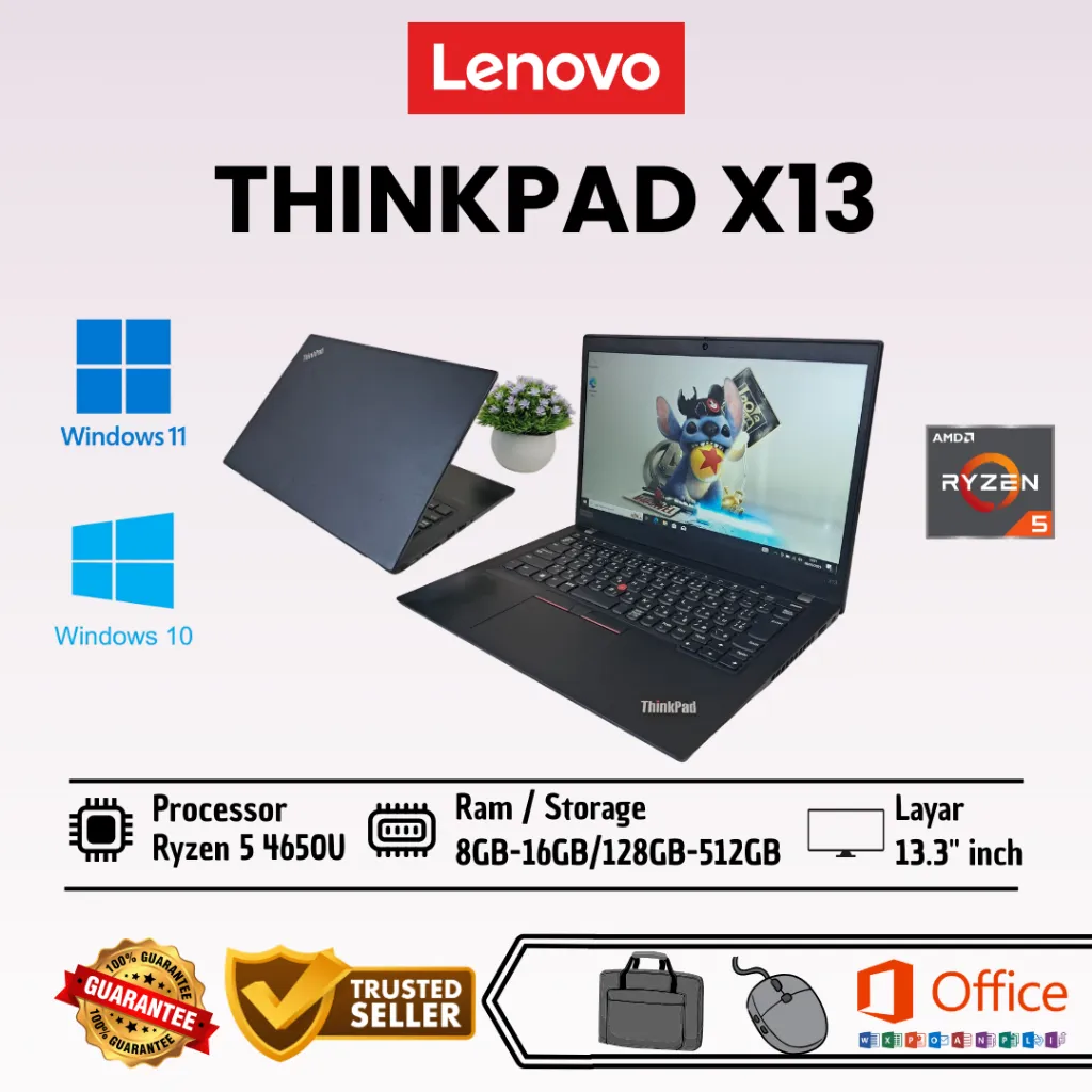 Laptop Lenovo Thinkpad X13 Ryzen 5 Pro 4650U Ram 16GB SSD 256GB - Core i5 Gen 10 Second Bergaransi