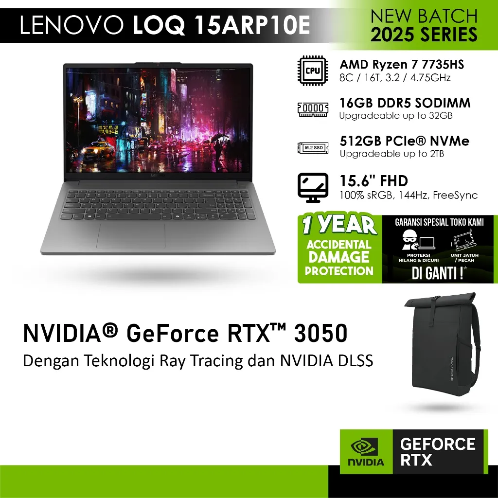 LENOVO LOQ ESSENTIAL 15ARP10E GeForce RTX™ 3050 6GB - RYZEN 7 7735HS 16GB 512GB WINDOWS 11+OFFICE 15.6FHD 144HZ -1AID