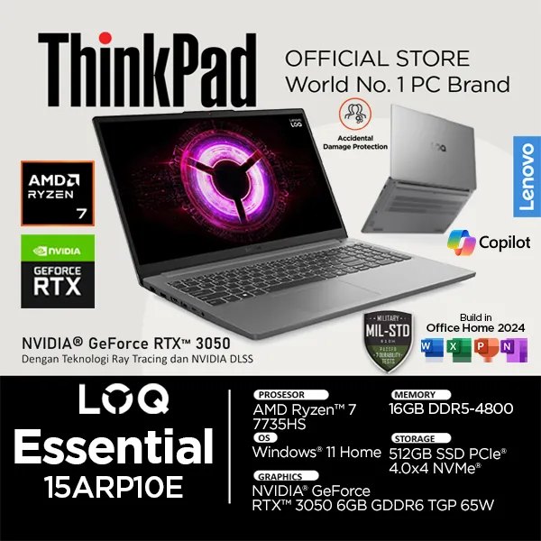 Lenovo LOQ Essential RTX 3050 AMD Ryzen 7 7735HS 144Hz IPS 16GB 512SSD Windows 11 Office 15ARP10E