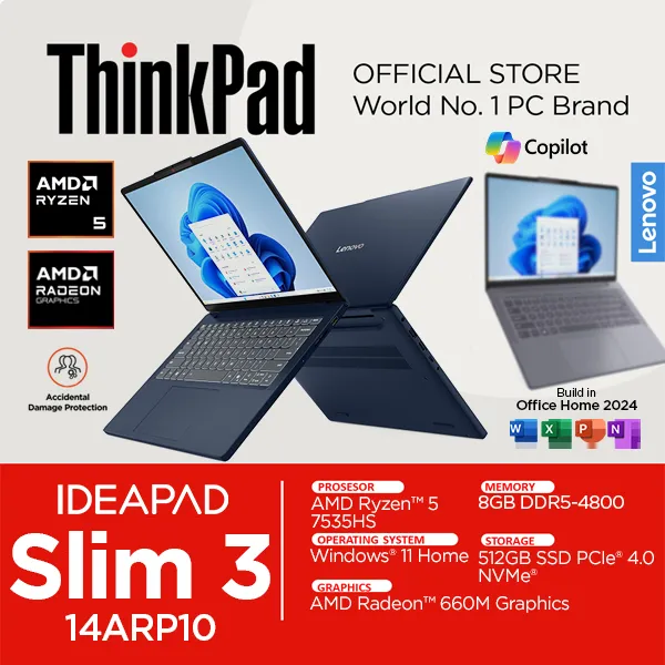 Lenovo IdeaPad Slim 3 AMD Ryzen 5 7535HS 8GB 512SSD Windows 11 Office 14 Inch FHD IPS 14ARP10 5KID