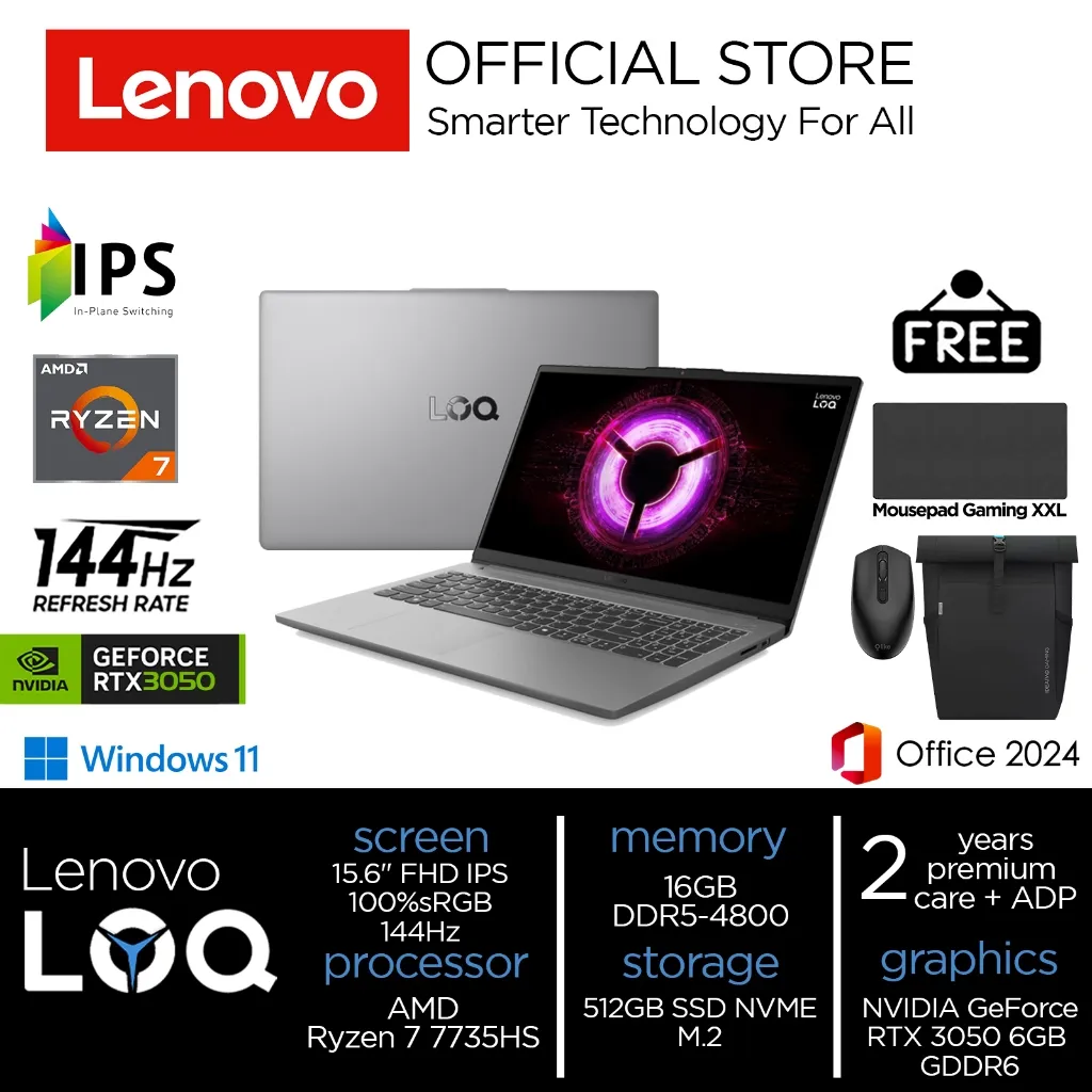 Lenovo LOQ Gaming Ryzen 7 7735HS RTX3050 512GB SSD 16GB IPS 100%sRGB 144Hz Win11+OHS