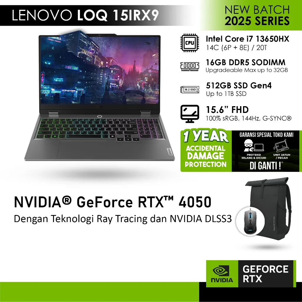 LENOVO LOQ 15IRX9 GeForce RTX™ 4050 6GB - i7 13650HX 16GB 512GB WINDOWS 11 15.6FHD 144HZ 100SRGB -ARID