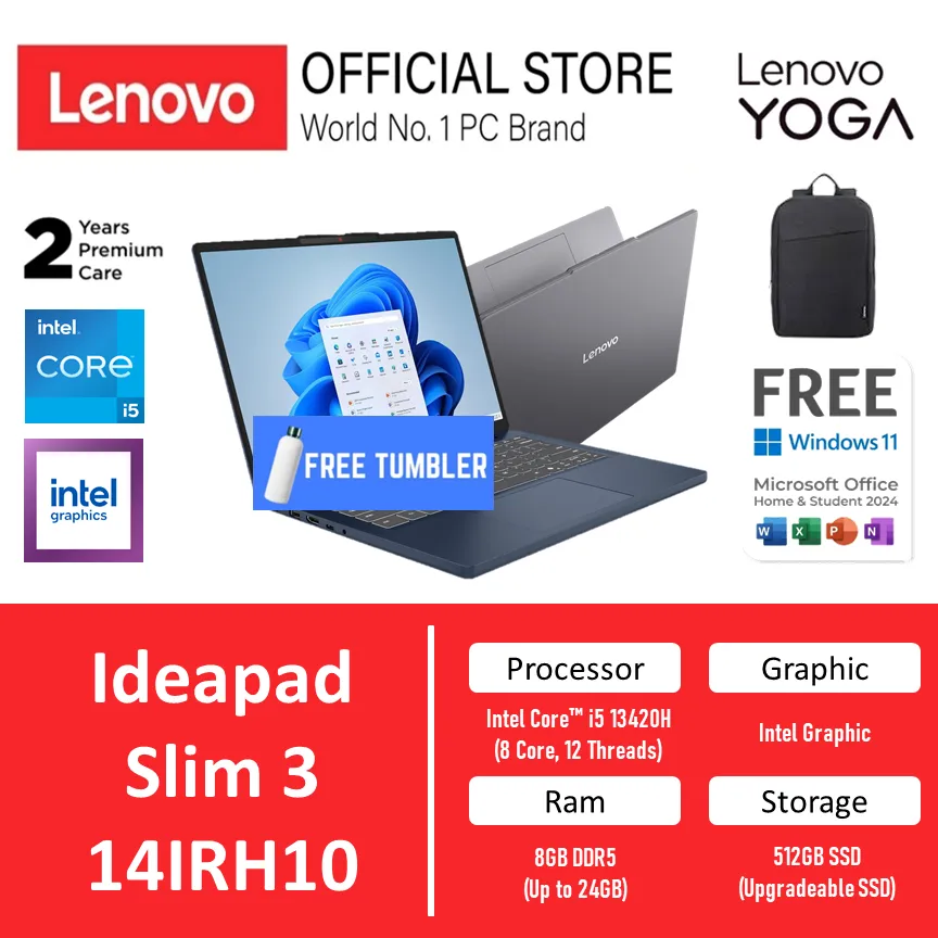 [Free Tumbler] Lenovo Ideapad Slim 3 14IRH10 Intel Core i5 13420H - Ram 16GB Storage 512GB SSD Windows 11 + OFFICE 14.0 INCH WUXGA IPS BLIT -3NID -3PID