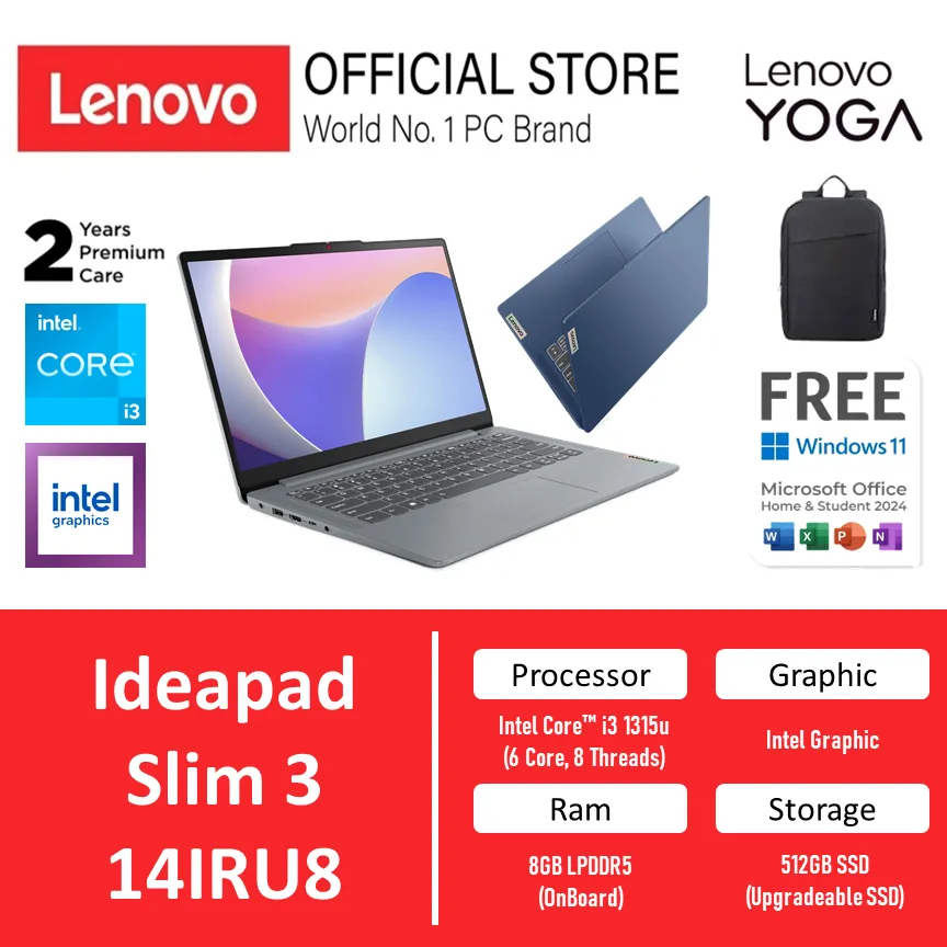 Lenovo Ideapad Slim 3 14IRU8 Intel Core i3 1315u - Ram 8GB Storage 512GB SSD Windows 11 + OFFICE 14.0 INCH FHD BLIT -5MID