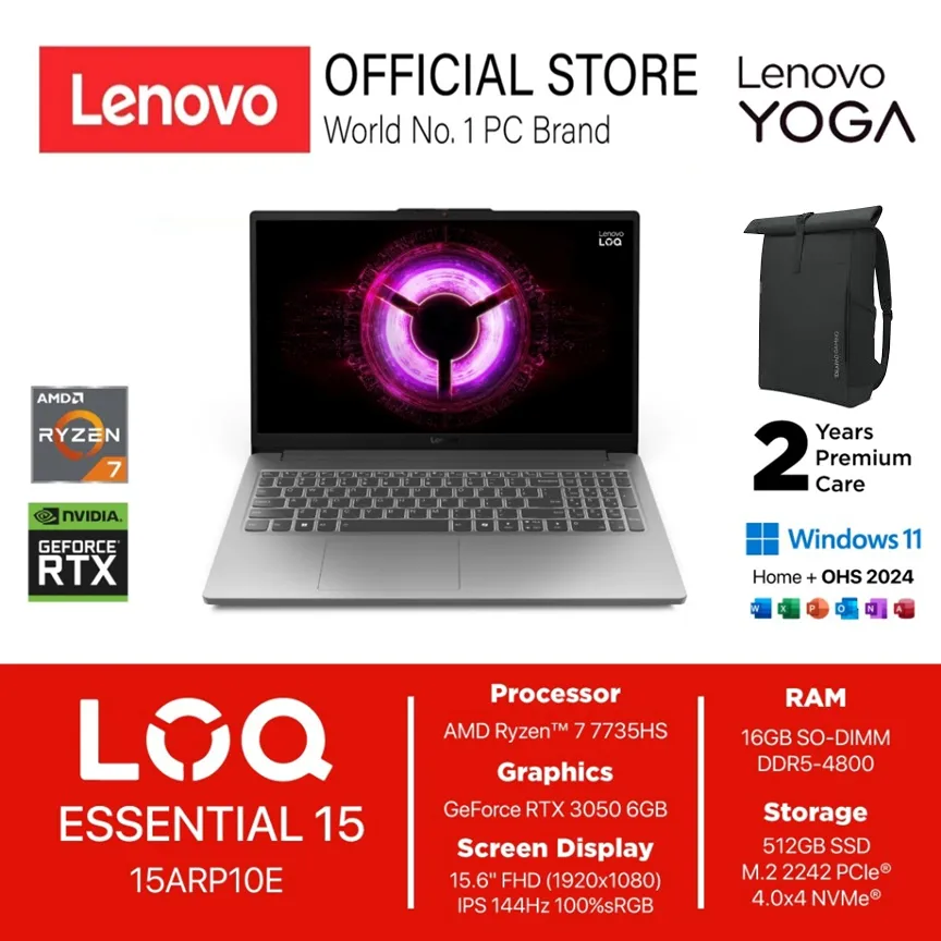 Lenovo LOQ Essential 15ARP10E AMD Ryzen 7 7735HS RTX 3050 6GB - Ram 16GB Storage 512GB SSD Windows 11 + Office 15.6FHD 144HZ 100SRGB BLIT -1AID