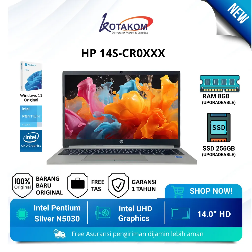 laptop HP 14S Intel N5030 Ram 8GB SSD 256GB Layar 14" Windows 11 Original - Silver
