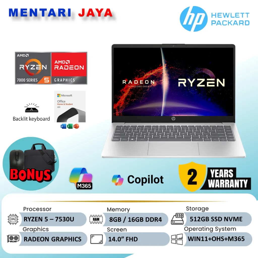 [GARANSI RESMI] HP Laptop 14 - AMD Ryzen 5 7530U - 16GB RAM / 512GB SSD - Windows 11 + OHS