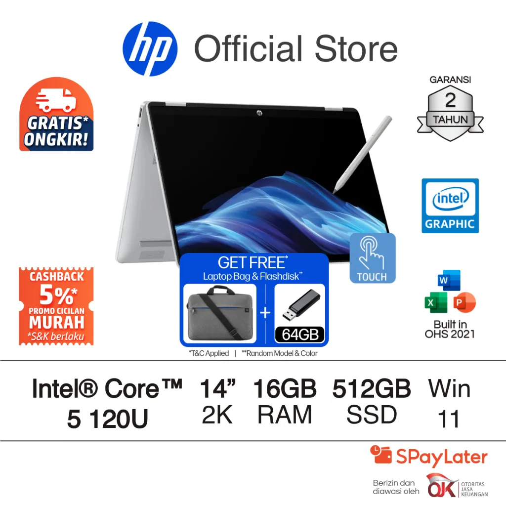 Laptop HP Pavilion x360 2 in 1 - OmniBook 5 Flip [NEW] Intel Core 5 Intel Graphics 16GB RAM 512GB SSD Touchscreen Silver / Gold  Windows 11 Home 14 Inch Garansi 2 Tahun Promo Murah Gratis Ongkir Official Non Second
