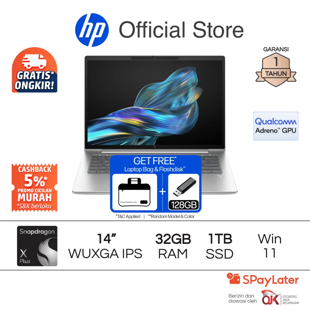 Laptop HP Elitebook 6 G1q Snapdragon X Plus Qualcomm Adreno 32GB RAM 1TB SSD Silver Free Windows 11 Home 14 Inch Garansi 1 Tahun Promo Murah Gratis Ongkir Official Non Second