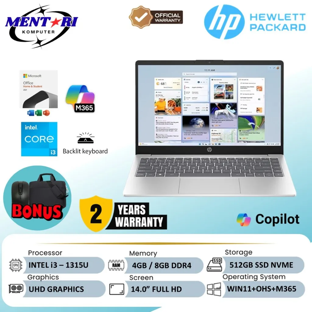 Laptop HP 14 Intel Core i3 GEN 13 1315U 16GB 512GB SSD Full HD WIN11 Home OHS