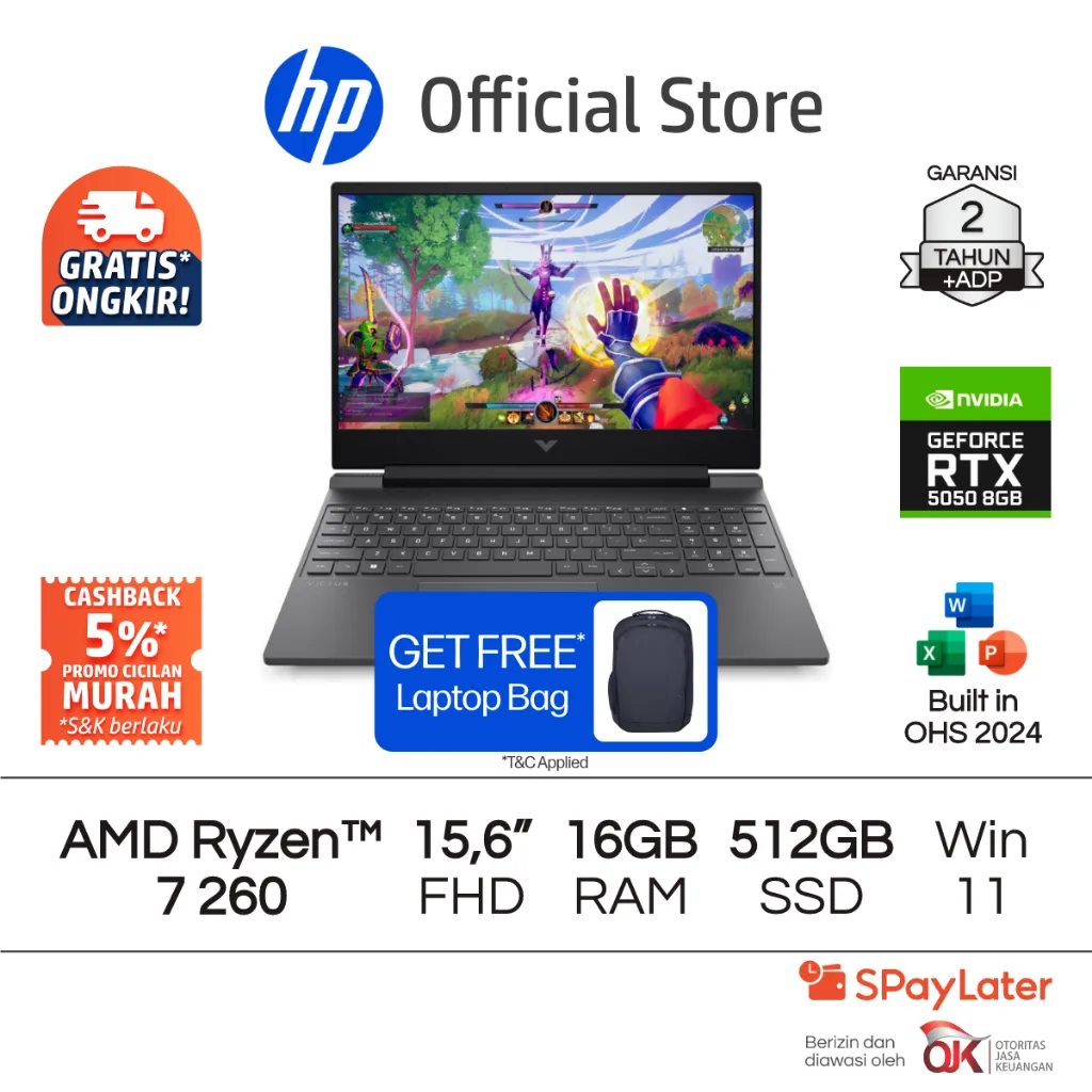 Victus Laptop Gaming HP AMD Ryzen 7 NVIDIA GeForce RTX 5050 16GB RAM 512GB SSD Silver Free Windows 11 Home 15.6 Inch 144Hz Garansi 2 Tahun Promo Murah Gratis Ongkir Official Non Second