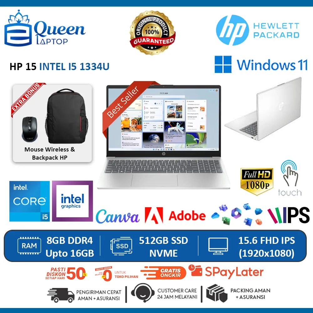 Laptop Baru Touchscreen HP 15 Core i5 1334U Ram UPTO 32GB 512GB SSD 15 inch Fhd Windows 11