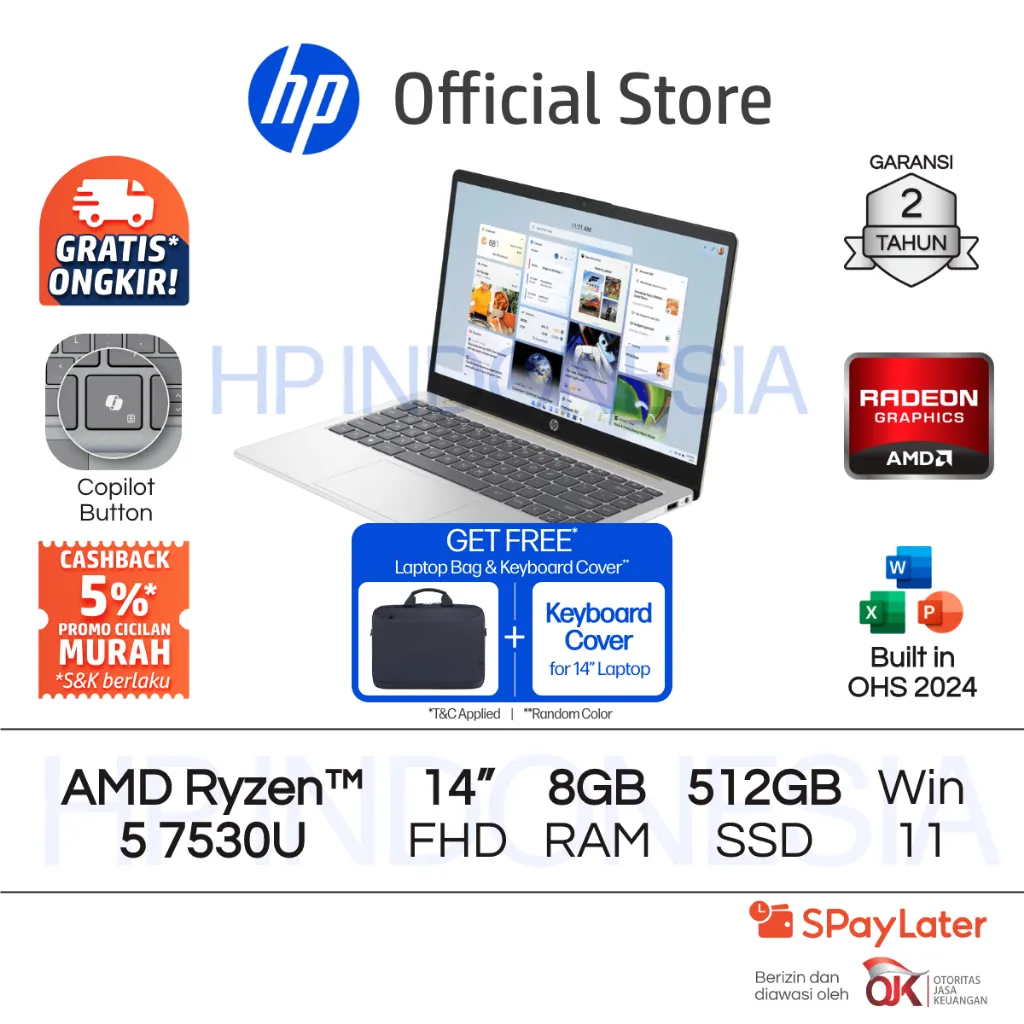 Laptop HP AMD Ryzen 5 Radeon 8GB RAM 512GB SSD Silver / Gold Windows 11 Home 14 Inch Garansi 2 Tahun Promo Murah Gratis Ongkir Official Non Second