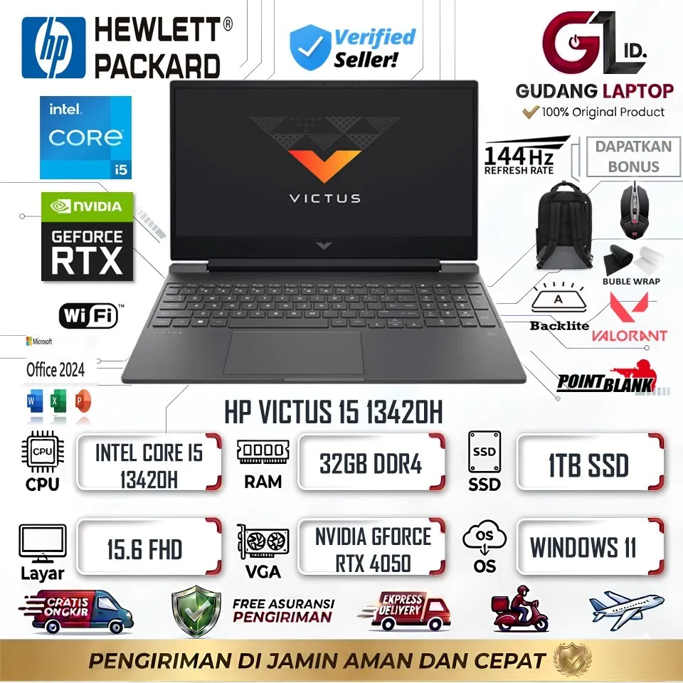 Laptop Hp Victus 15 Intel Core i5 13420H 32GB 1TB RTX 4050 15 Inch Full Hd Ips 144Hz Backlight W11