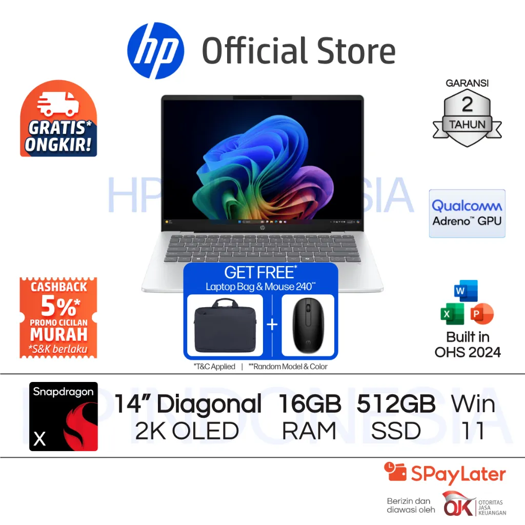 Laptop HP OmniBook 5 Snapdragon X Qualcomm Adreno 16GB RAM 512GB SSD Silver Free Windows 11 Home 14 Inch Garansi 2 Tahun Promo Murah Gratis Ongkir Official Non Second