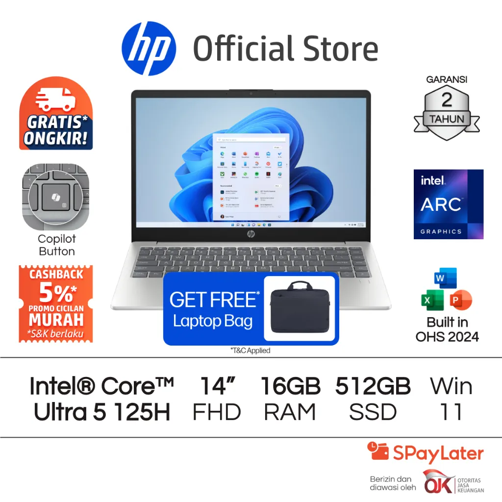 Laptop HP Intel Core Ultra 5 Arc 16GB / 24GB RAM 512GB SSD Silver Free Windows 11 Home 14 Inch Garansi 2 Tahun Promo Murah Gratis Ongkir Official Non Second
