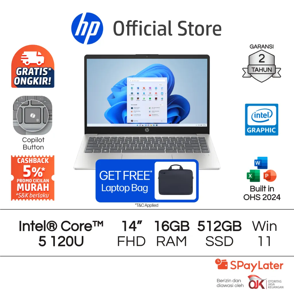 Laptop HP Intel Core i5 8GB / 16GB RAM 256GB / 512GB SSD Silver Windows 11 Home 14 Inch Gen 12 Garansi 2 Tahun Promo Murah Gratis Ongkir Official Non Second