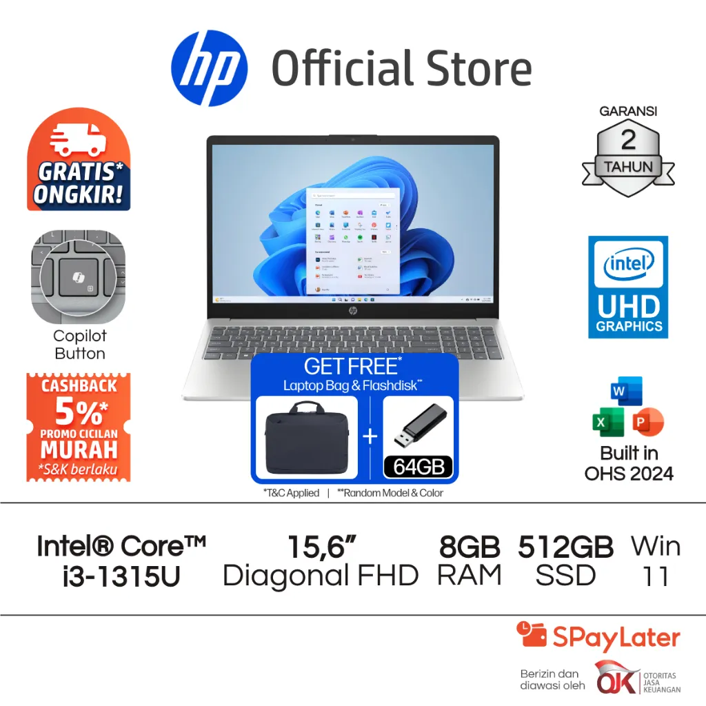 Laptop HP Intel Core i3 UHD 8GB RAM 512GB SSD Blue / Silver Windows 11 Home 15.6 Inch Gen 12 Garansi 2 Tahun Promo Murah Gratis Ongkir Official Non Second