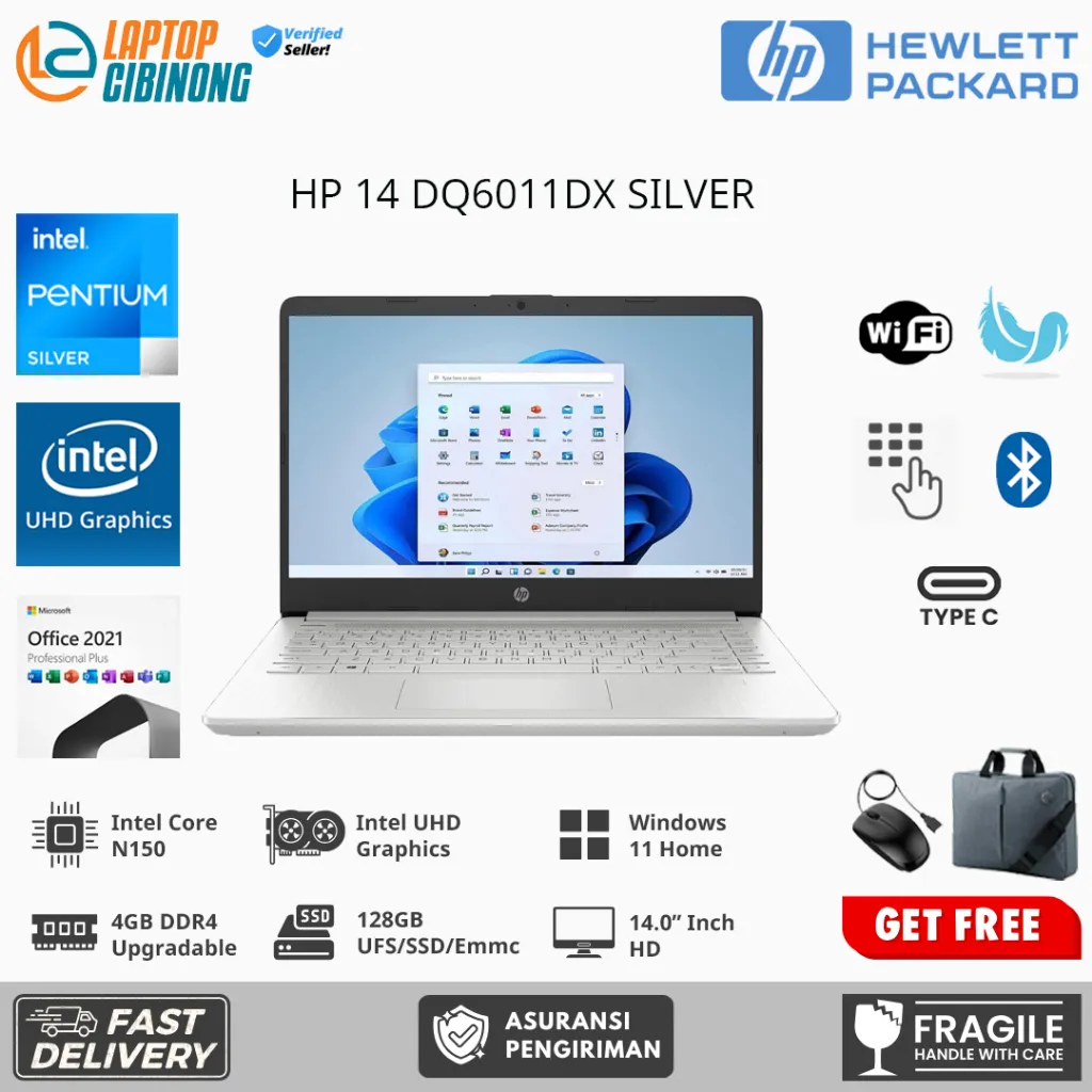 Laptop Hp 14s intel N150 Quad Core Ram 16GB 512GB SSD Windows 11 Silver Original