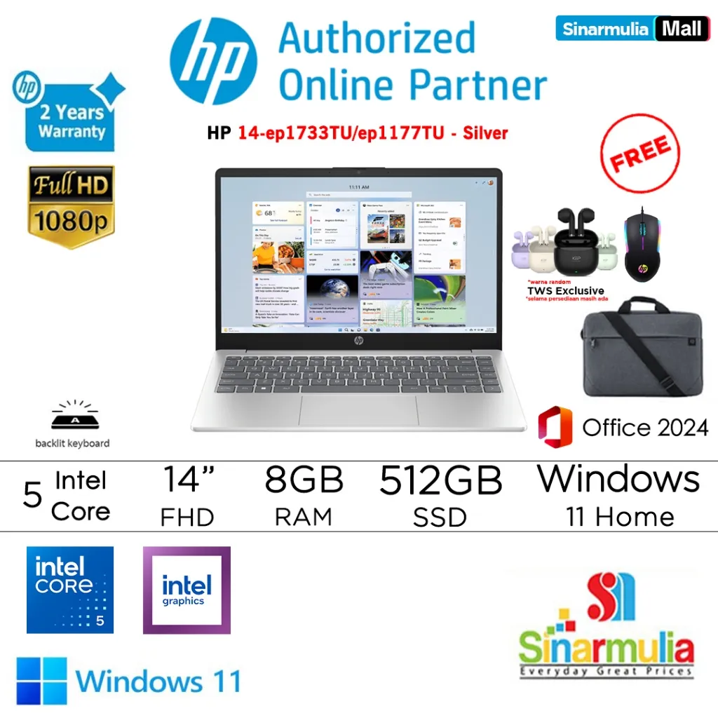 laptop HP 14 Core 5 120U 512GB SSD 8GB FHD Win11+OHS - ep1733TU/ep1177TU