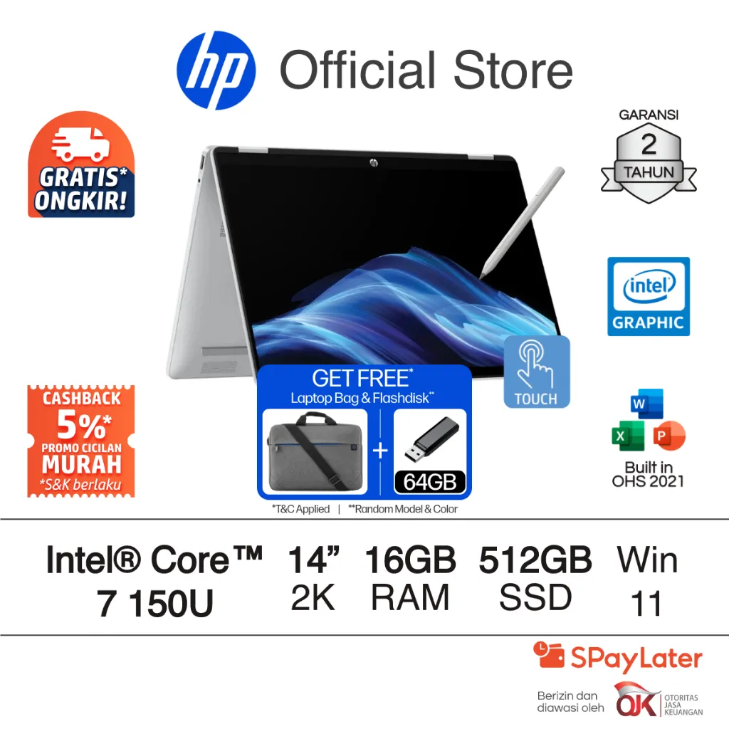 Laptop HP Pavilion x360 2 in 1 - OmniBook 5 Flip [NEW] Intel Core 7 UHD 16GB RAM 512GB SSD Silver / Blue Free Windows 11 Home 14 Inch Garansi 2 Tahun Promo Murah Gratis Ongkir Official Non Second