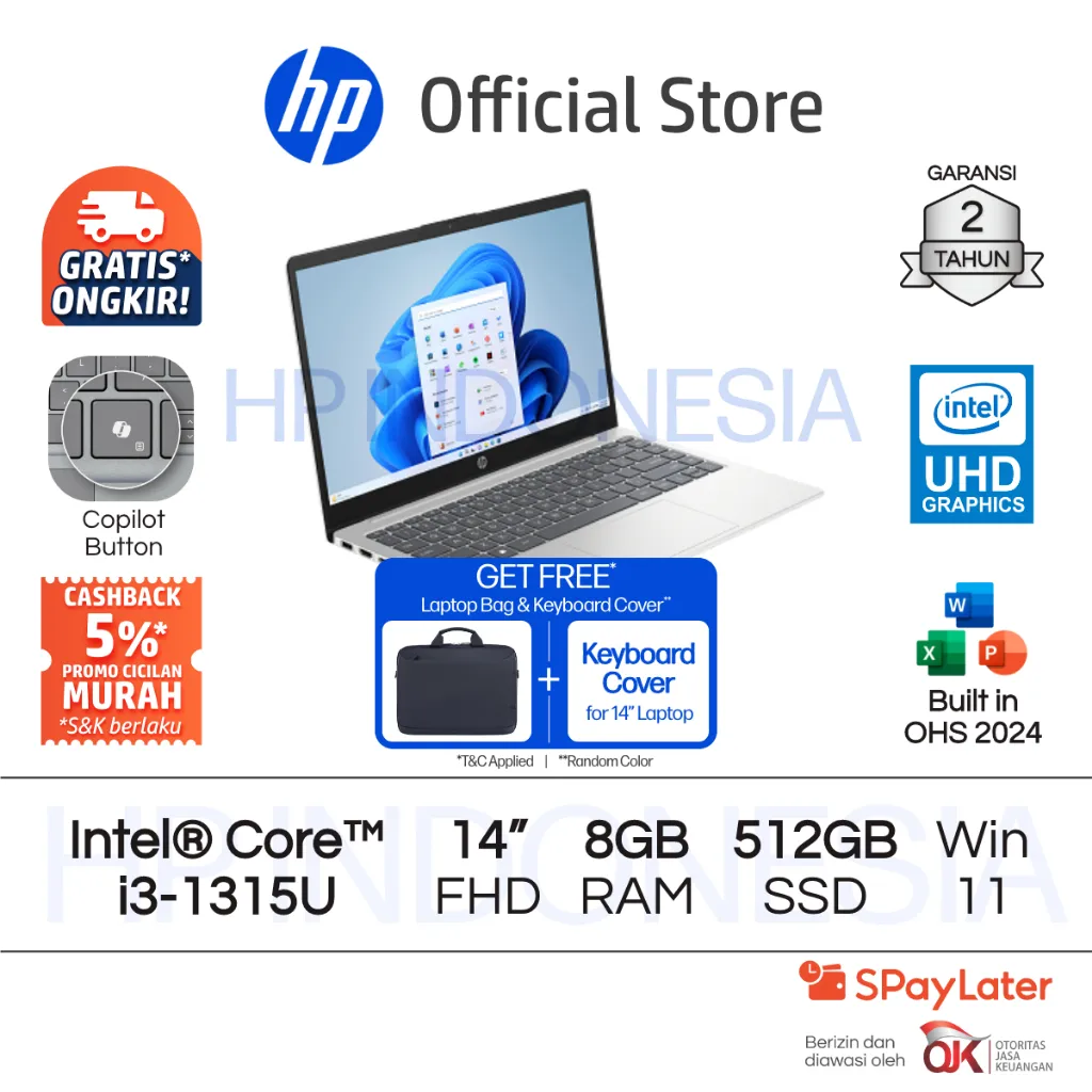 Laptop HP Intel Core i3 UHD 8GB RAM 512GB SSD Gold / Silver Windows 11 Home 14 Inch Gen 12 Garansi 2 Tahun Promo Murah Gratis Ongkir Official Non Second
